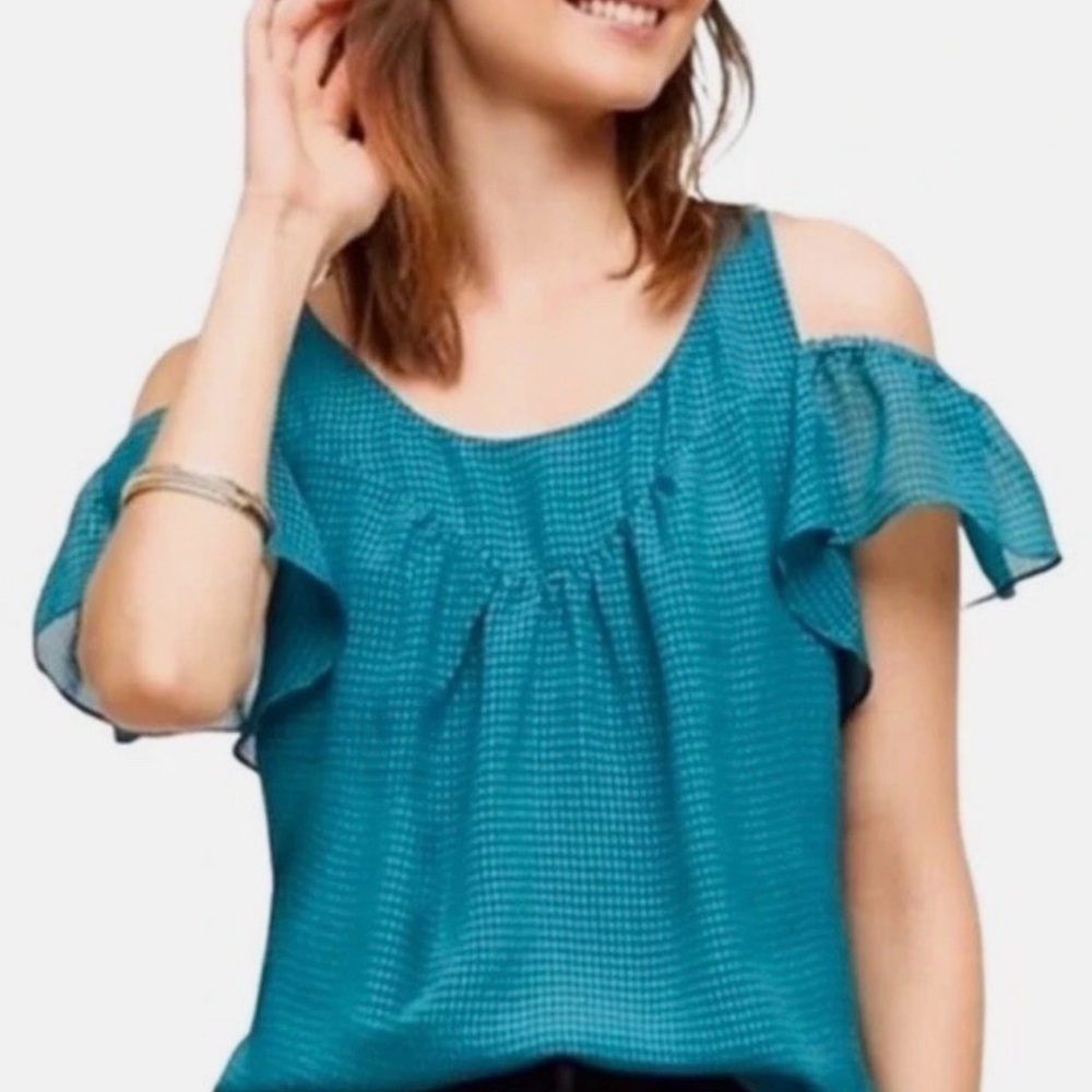 Anthropologie Maeve Tavin Open Cold Shoulder Blouse Turquoise Blue